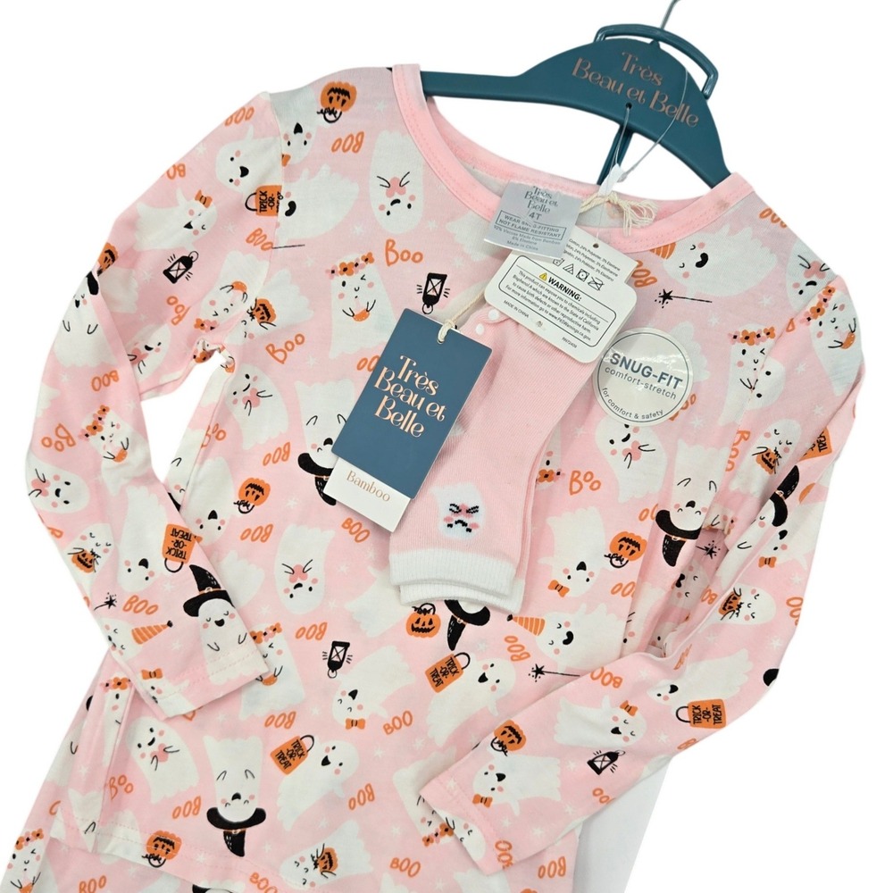 Tres Beau et Belle NWT 4T Ghost Pajama Set Toddler Pink Halloween Bamboo PJs